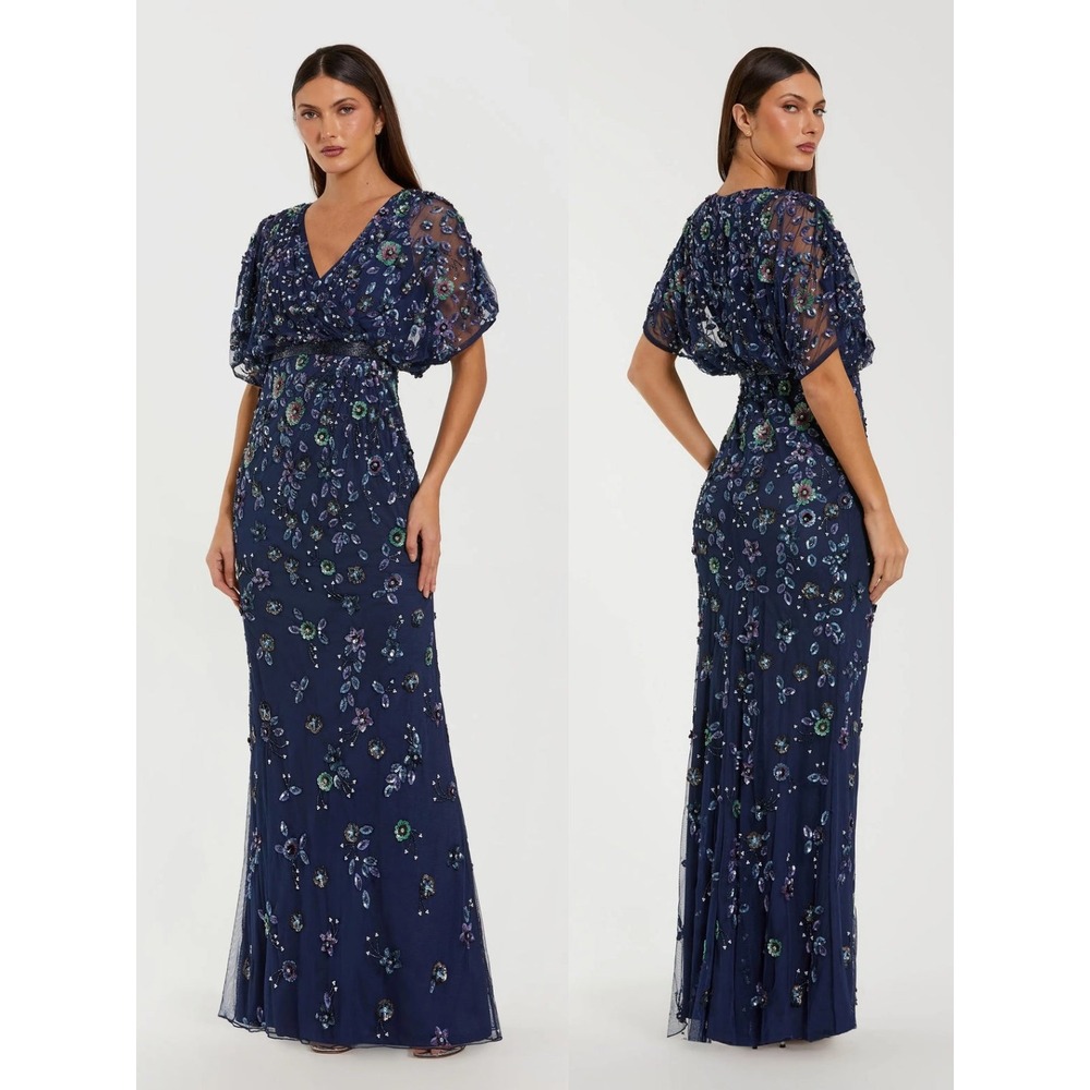 NWT Mac Duggal Navy Floral Embellished Short Sleeve Blouson Gown $698 - Size 12